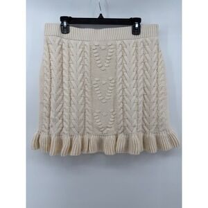 Francescas Cream Cable Knit Heart Mini Skirt Ruffle Hem Ivory Large
